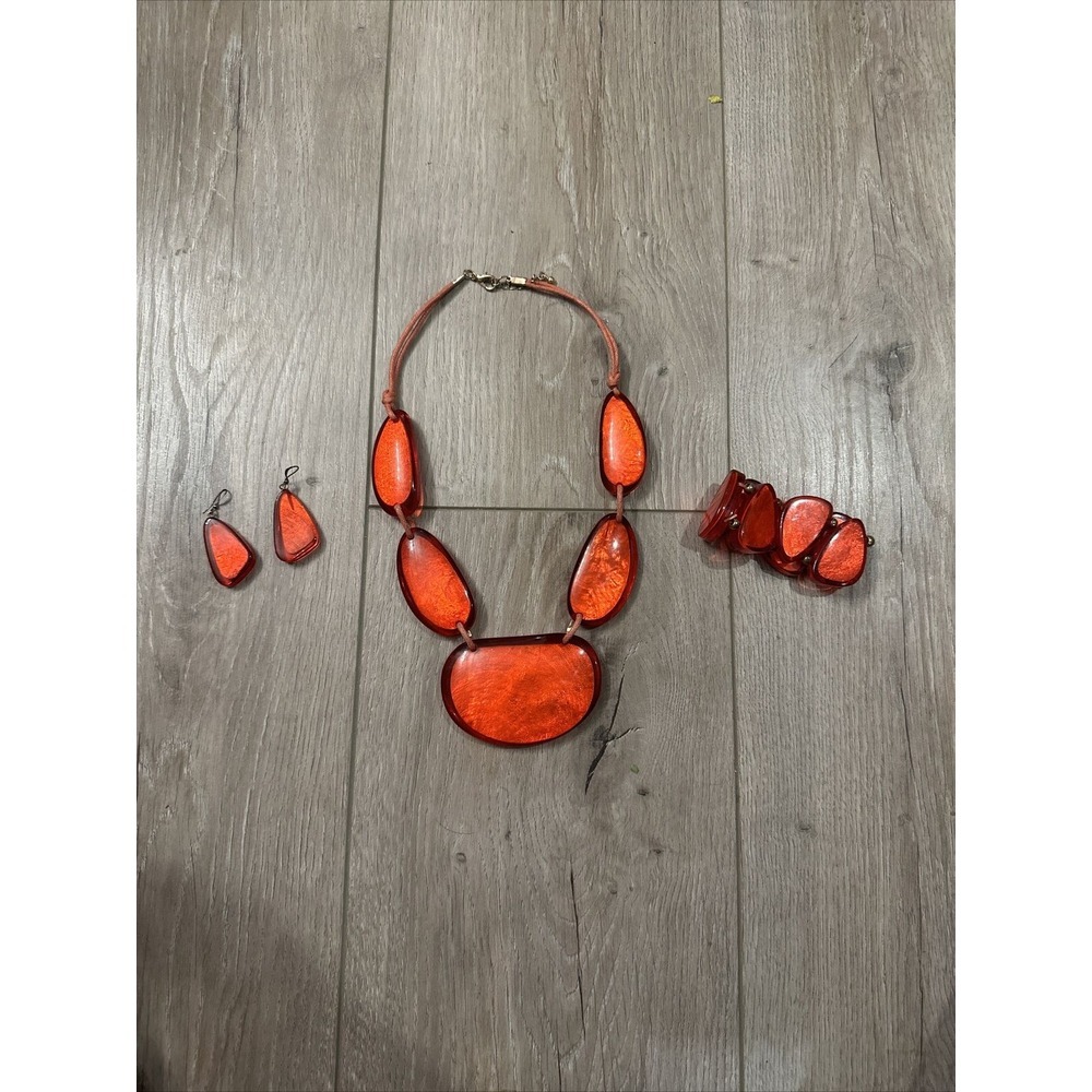 Vintage 1960's Large Red Lucite and Hemp Necklace, Earrings & Bracelet Jewelry